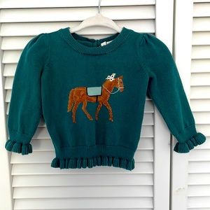 Janie & Jack 6-12m knit emerald green sweater with horse design and ruffles